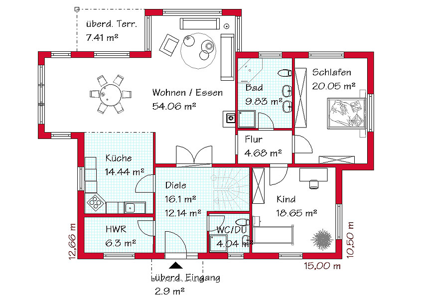 Raumaufteilung Bungalow mit ausreichend vielen Räumen