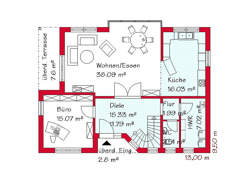 Das Erdgeschoss des klassischen Hauses mit 93,8 m²