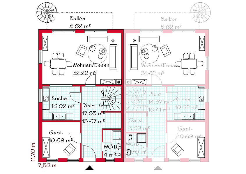 Das Erdgeschoss des Doppelhauses mit 70,7 m²