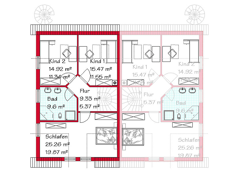 Das Obergeschoss des Doppelhauses mit 57,7 m²