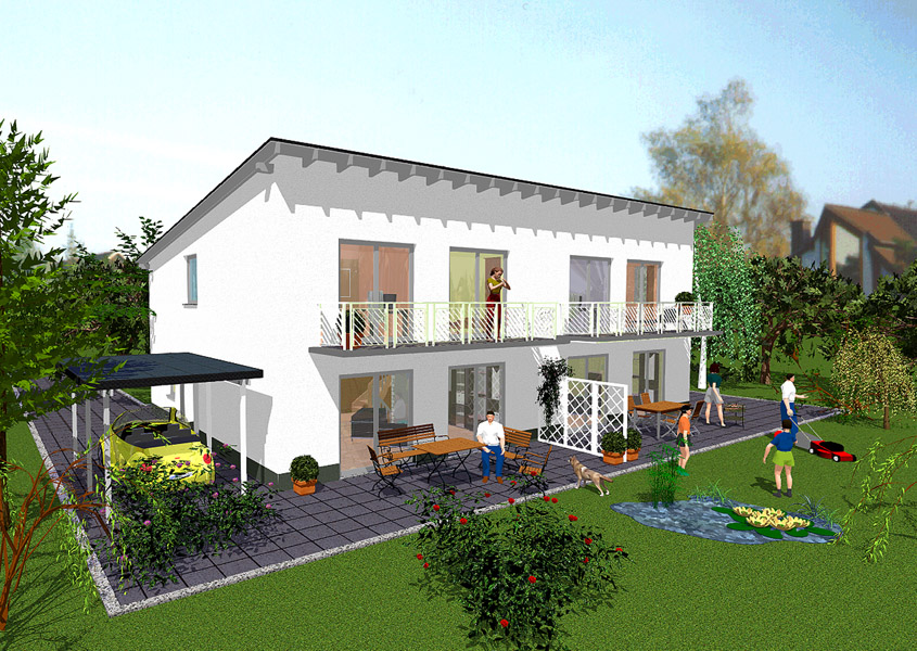 Rückansicht Doppelhaus – Platz auf Balkon und Terrasse