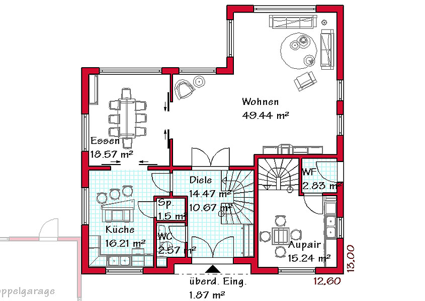 Das Erdgeschoss des Winkelhauses mit 119,6 m²