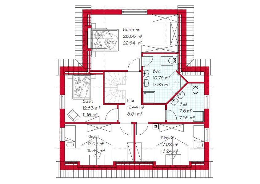 Das Dachgeschoss des Winkelhauses mit 85,7 m²