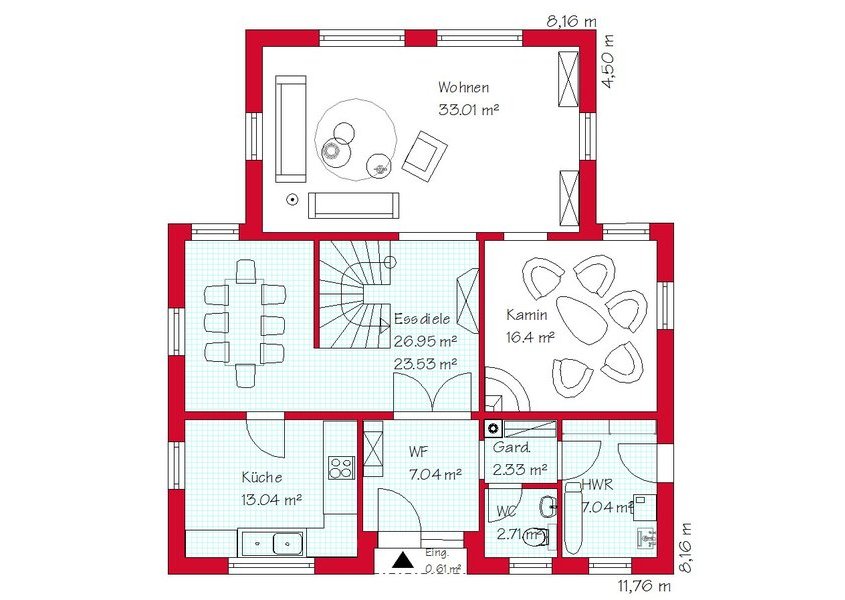 Das Erdgeschoss des Winkelhauses mit 100,6 m²