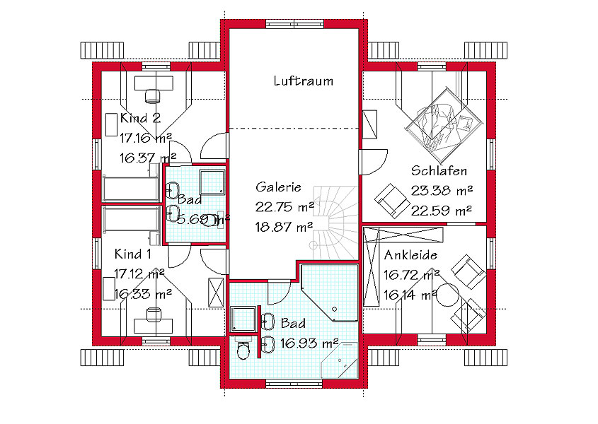 Das Obergeschoss des Landhauses mit 112,8 m²