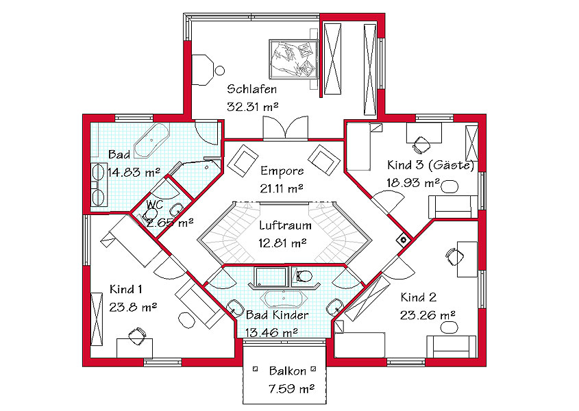 Das Obergeschoss des Luxushauses mit 156,0 m²