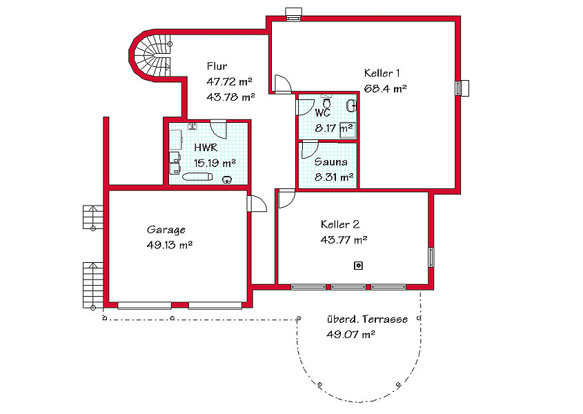 Das Kellergeschoss des Landhauses mit 61,8 m²