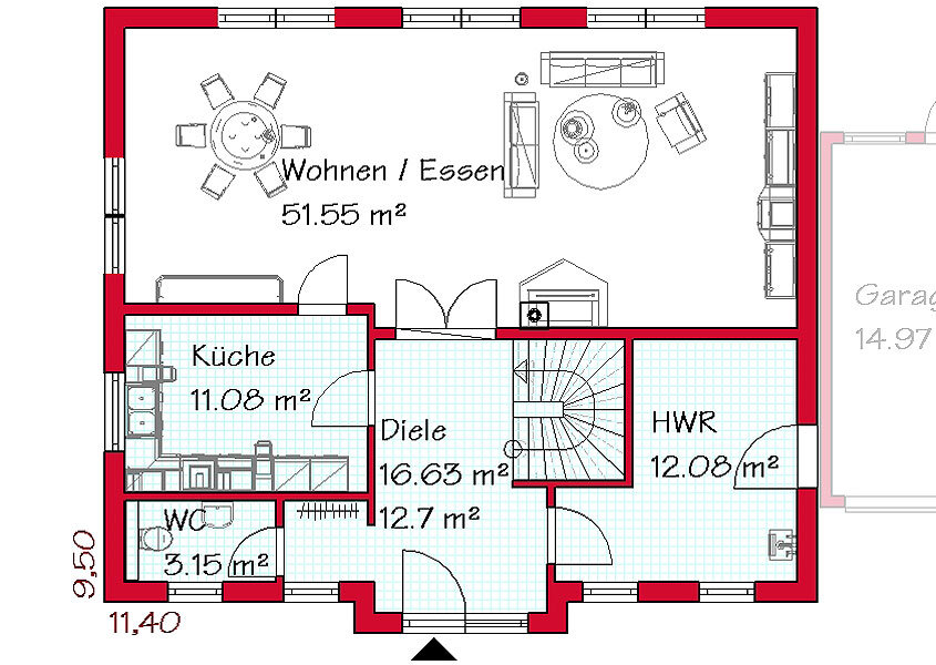 Das Erdgeschoss des Mehrgiebelhauses mit 90,3 m²