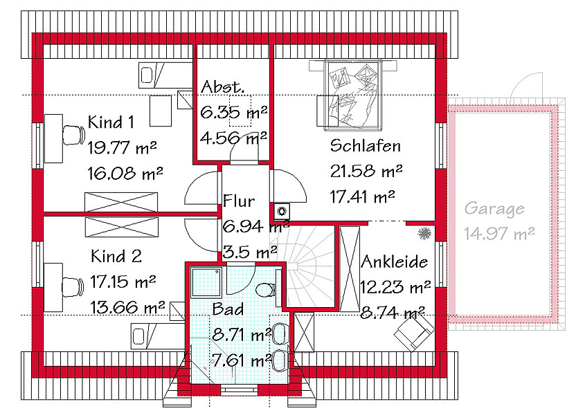 Das Dachgeschoss des Mehrgiebelhauses mit 71,5 m²