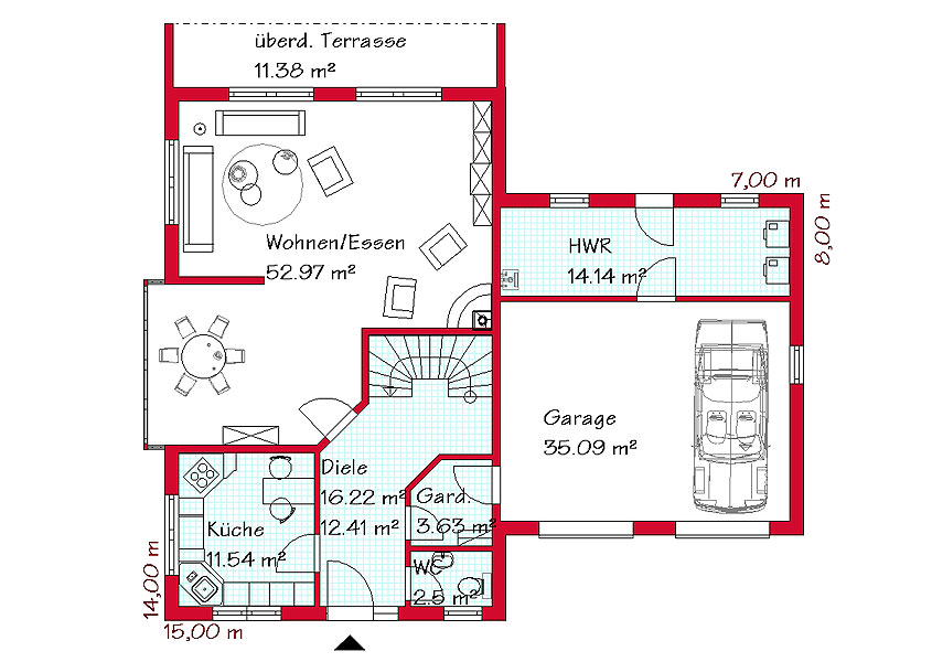 Das Erdgeschoss des Winkelhauses mit 94,6 m²