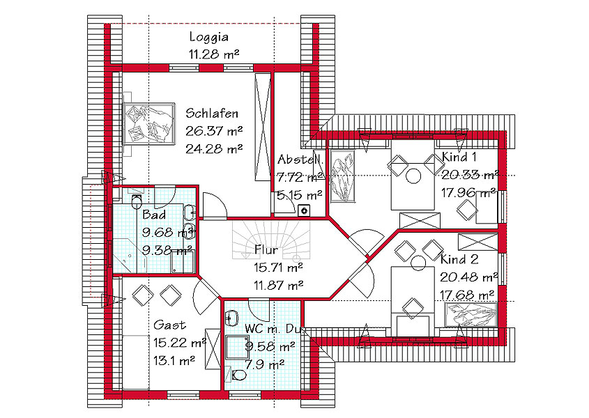 Das Dachgeschoss des Winkelhauses mit 113,0 m²